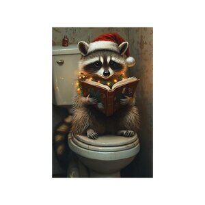 Christmas Raccoon Bathroom Unframed Canvas Wall Art  24" X 36"